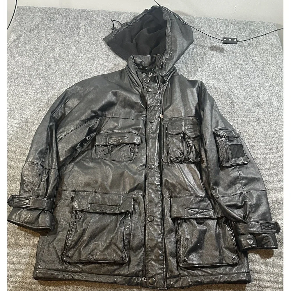 Vintage Julian Wilsons Leather Black Utility Jacket Mens XL Field Military Coat